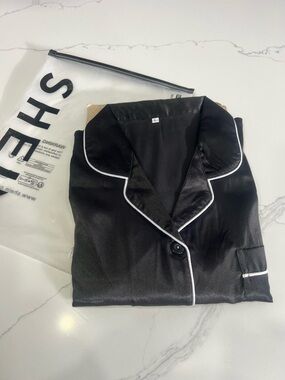SHEIN Black Satin Pajama Jacket with White Piping